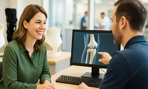 Orthopädietechnische Beratung mit digitaler Darstellung eines Kniegelenks am Bildschirm