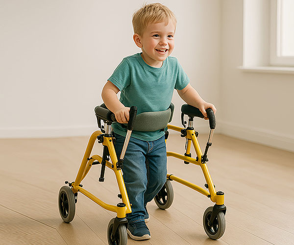 Kind bewegt sich sicher mit einer kindgerechten Laufhilfe zur motorischen Förderung