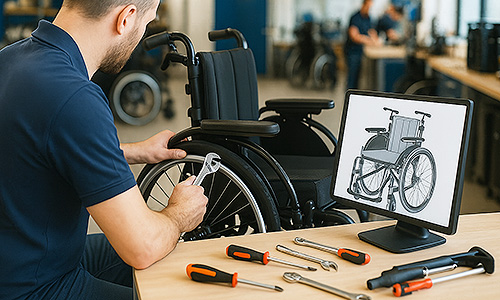 Techniker repariert einen Rollstuhl mit Werkzeug anhand einer technischen Zeichnung