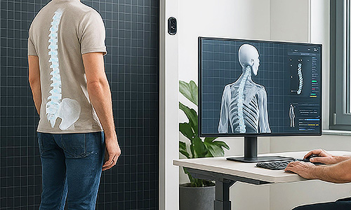 Haltungsanalyse eines stehenden Patienten mit digitaler Wirbelsäulendarstellung am Bildschirm