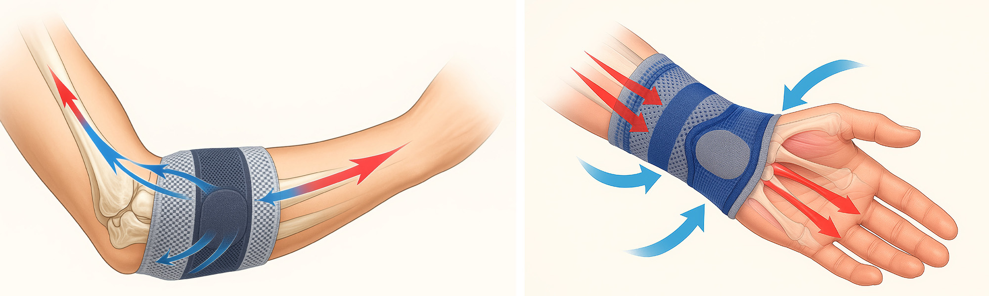 Medizinische Illustration einer Ellenbogenbandage mit Pfeilen zur Darstellung von Stabilisierung, Kompression und Bewegungsunterstützung des Gelenks