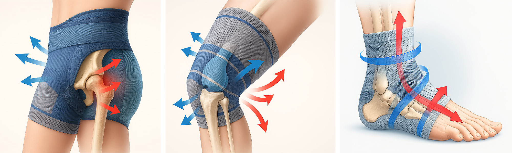 Schematische Darstellung einer Handgelenkbandage mit Visualisierung von Druckverteilung, Stabilität und Unterstützung der Handbewegung