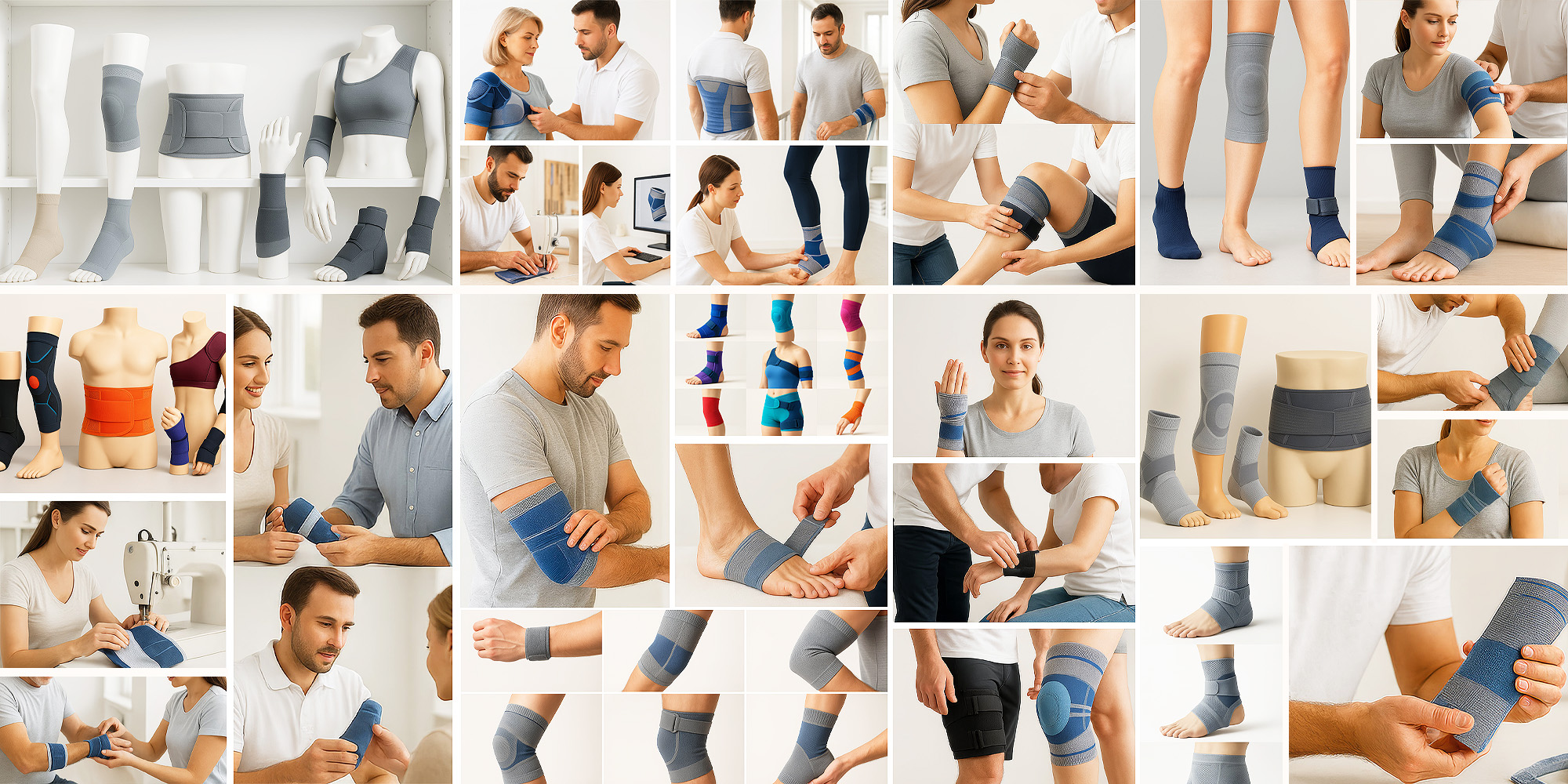 Illustrationen von Hüft-, Knie- und Sprunggelenkbandagen mit anatomischer Darstellung der Gelenke und eingezeichneten Kraft- und Bewegungsrichtungen