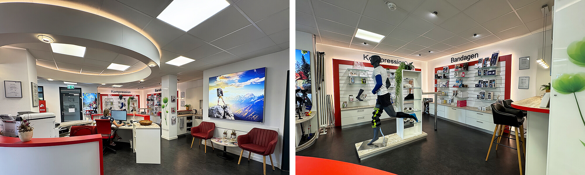 Moderner Empfangsbereich eines Sanitätshauses mit weiß-rotem Tresen und Verkaufsraum für Kompressionsstrümpfe und Bandagen mit Schaufensterpuppe.