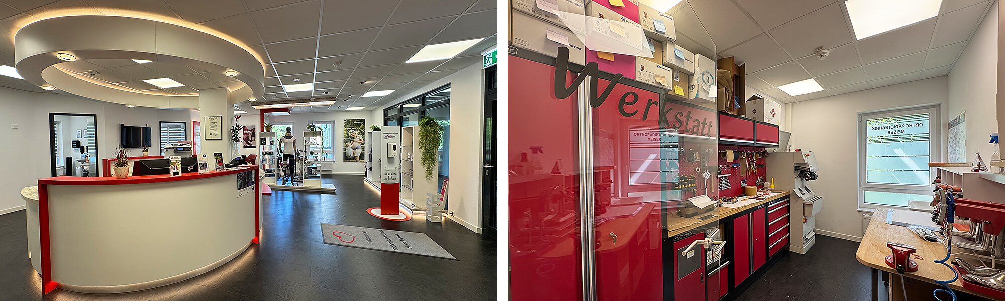 Kombinationsbild: Links der runde Empfangstresen im Eingangsbereich, rechts die professionelle Werkstatt mit roten Schränken und Werkzeugen zur Orthopädie-Technik.