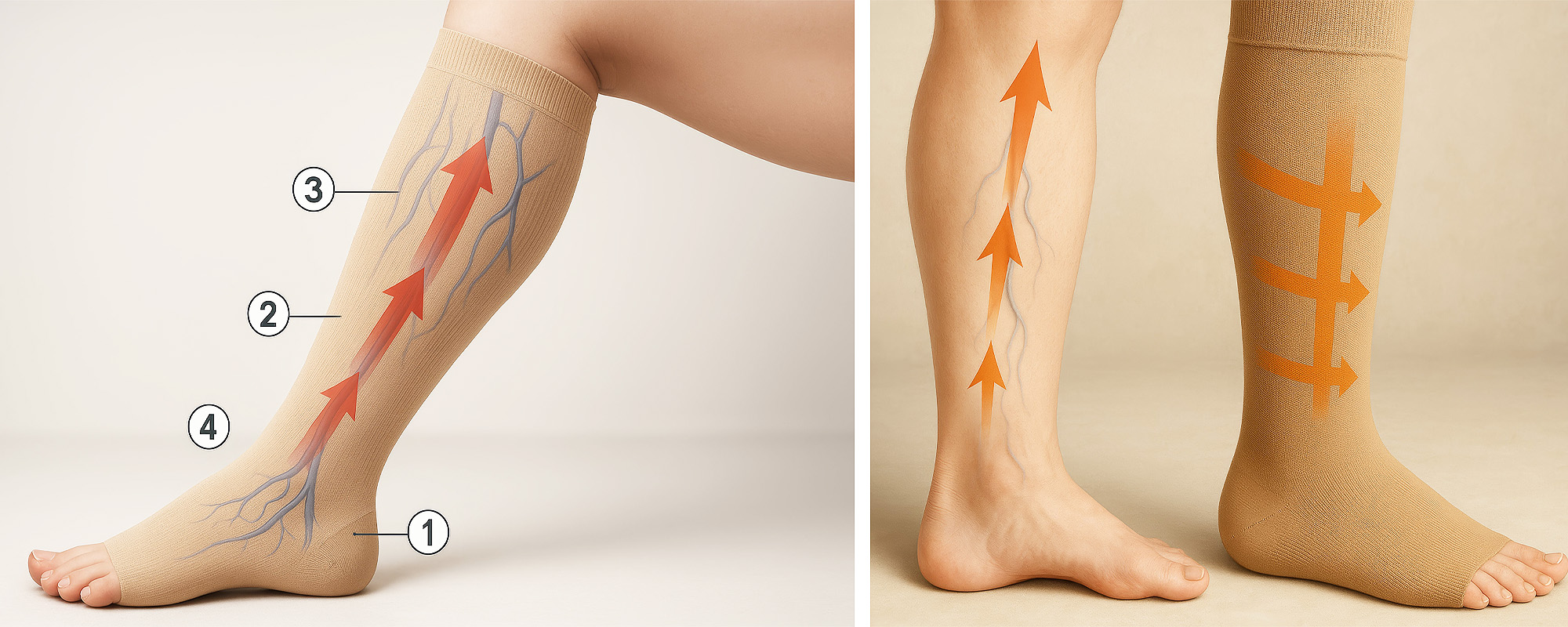 Zweiteilige Infografik: Die linke Seite zeigt den Blutfluss im Bein unter einem Kompressionsstrumpf, die rechte Seite vergleicht eine nackte Wade mit Krampfadern und eine Wade mit stützendem Strumpf.
