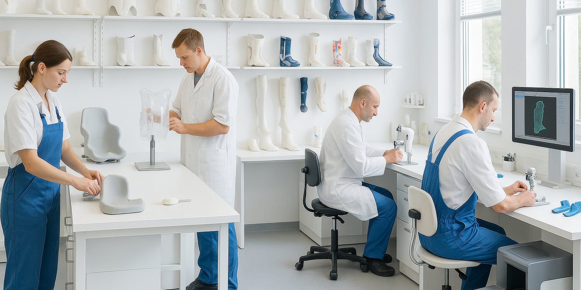Orthopädietechnische Werkstatt mit Fachkräften bei der Anfertigung und Reparatur von Prothesen und Orthesen an Arbeitsplätzen mit Werkzeugen und Modellen