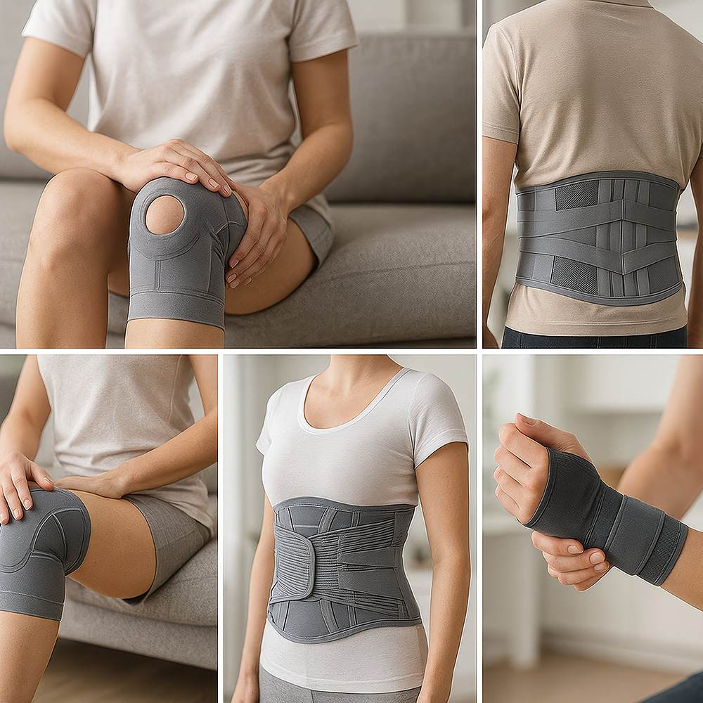 Detailaufnahmen von Knie-, Knöchel-, Ellenbogen- und Handgelenkbandagen in Grau und Blau an einer Person