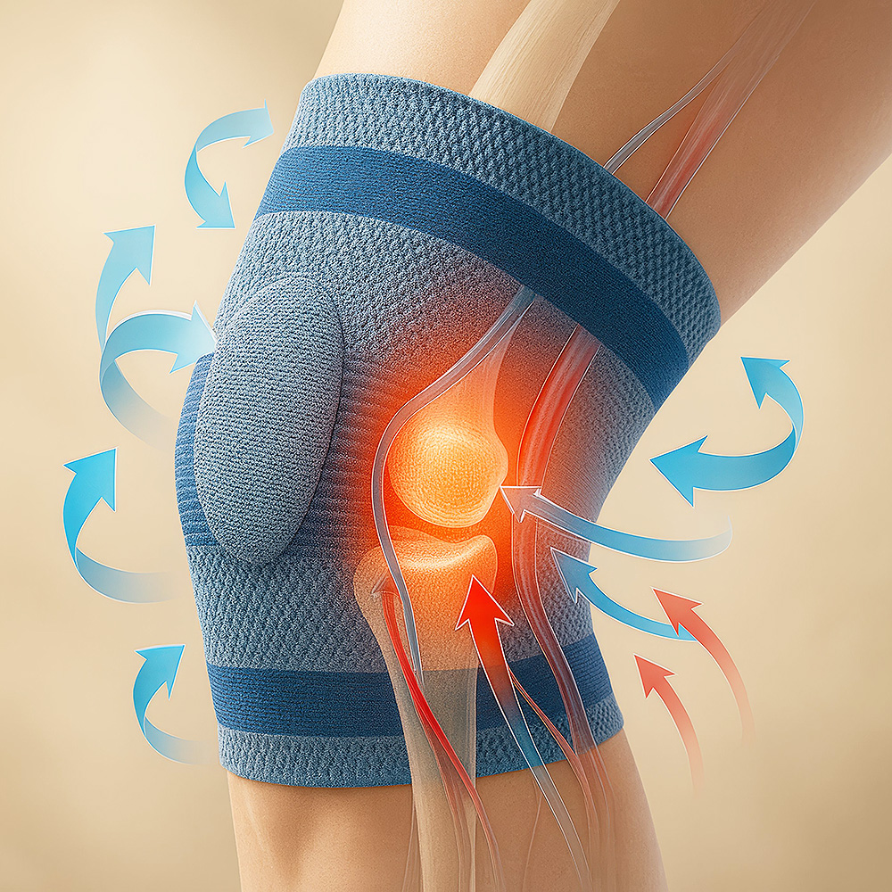 Grafische Darstellung eines Kniegelenks mit angelegter Kniebandage, Pfeile zeigen Stabilisierung und Druckverteilung rund um das Gelenk