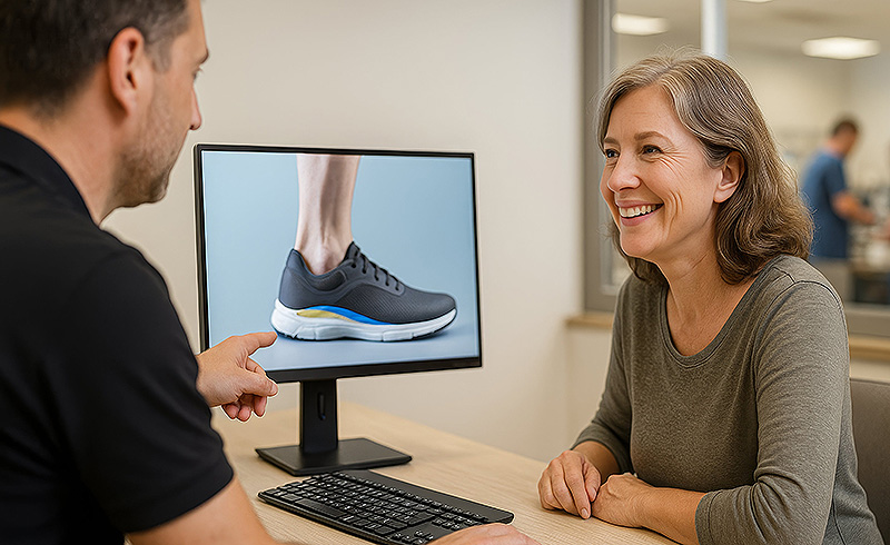 Beratungsgespräch mit älterer Person, auf dem Bildschirm ist ein orthopädischer Schuh dargestellt