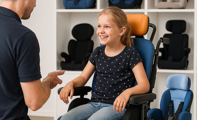 Kind sitzt in einem angepassten Sitzsystem, eine erwachsene Person erklärt die Sitzposition in einem Beratungsraum