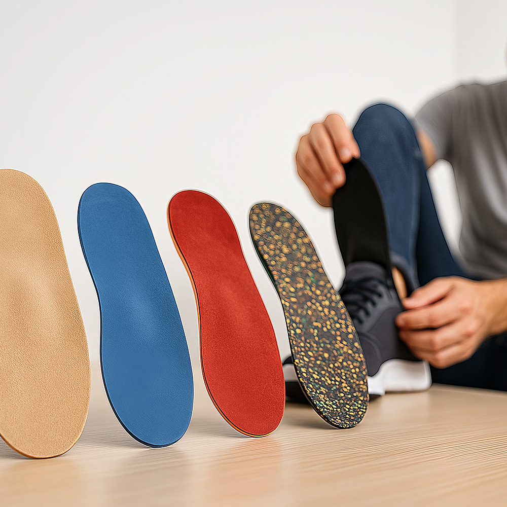 Beratung zur Schuheinlage, eine Fachperson hilft einer sitzenden Person beim Anziehen eines Schuhs mit Einlage