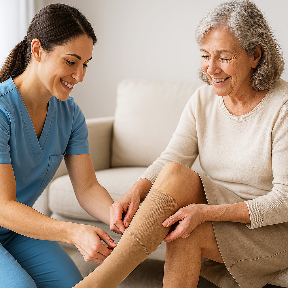 Pflegefachkraft hilft einer älteren Frau beim Anziehen eines medizinischen Kompressionsstrumpfs im Wohnbereich