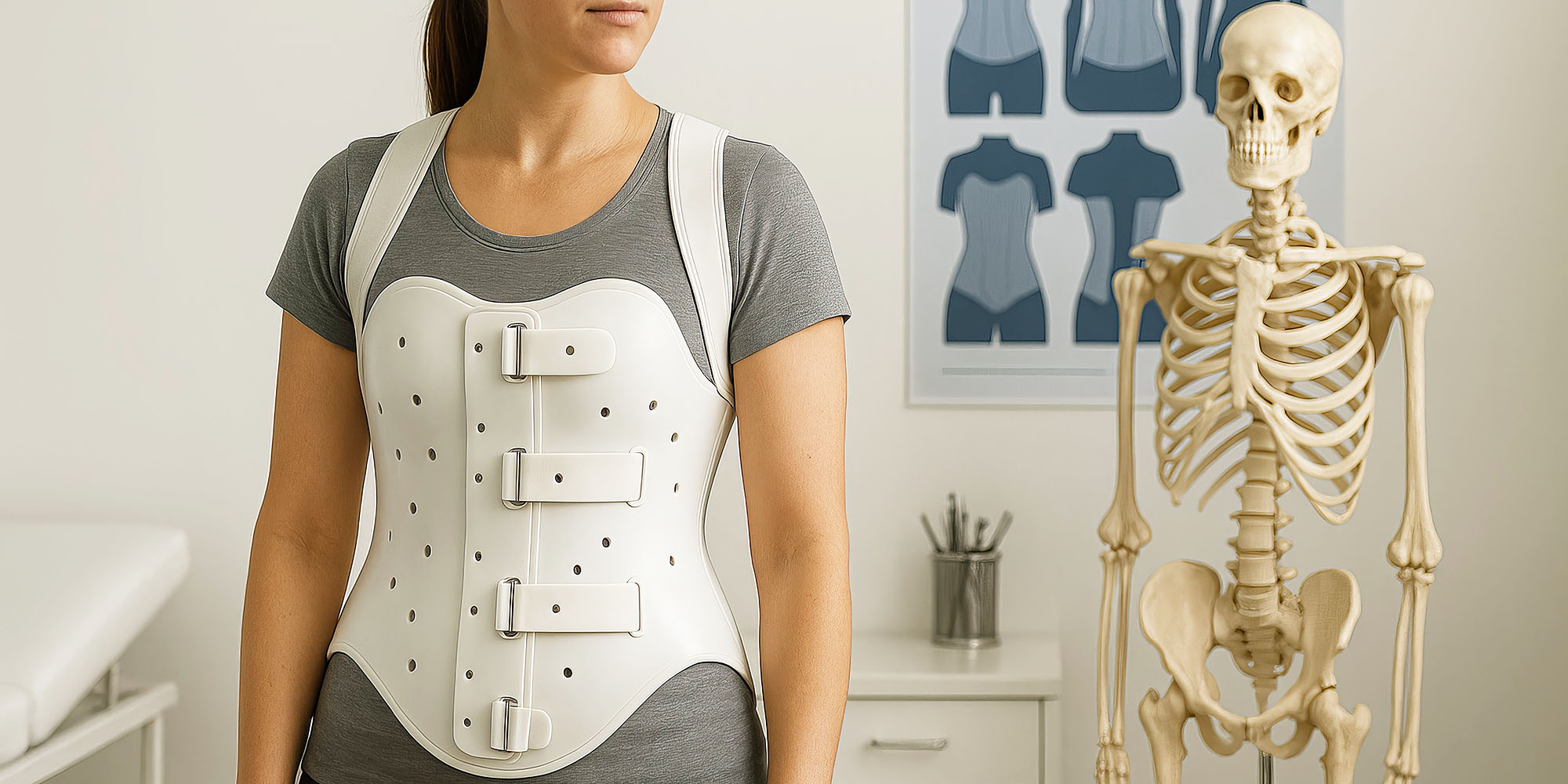 Frau trägt ein weißes orthopädisches Korsett, im Hintergrund sind anatomische Darstellungen und ein Skelettmodell zu sehen