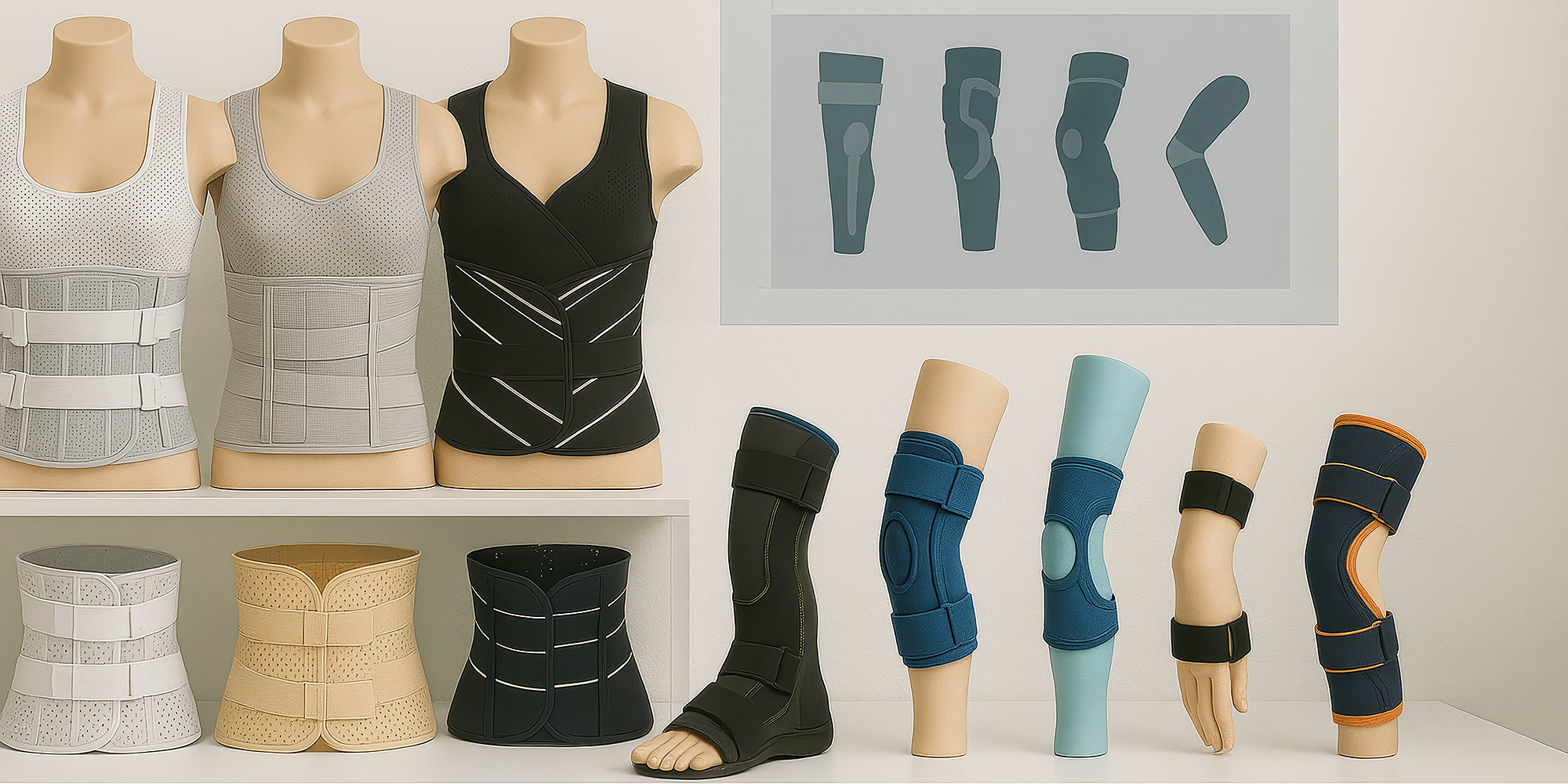 Auswahl an Rumpf- und Beinorthesen sowie Hand- und Knieorthesen auf Regalen präsentiert