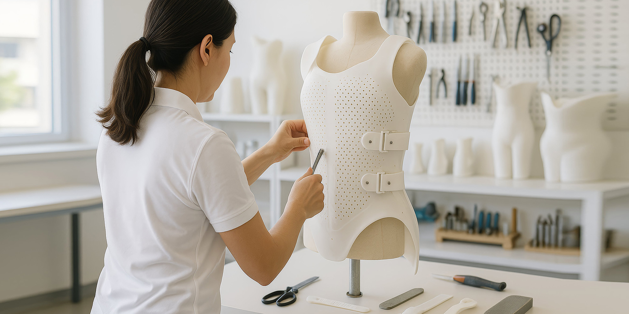 Orthopädietechnikerin passt ein individuelles Rumpfkorsett an einer Schneiderbüste in der Werkstatt an und bearbeitet es mit Werkzeugen