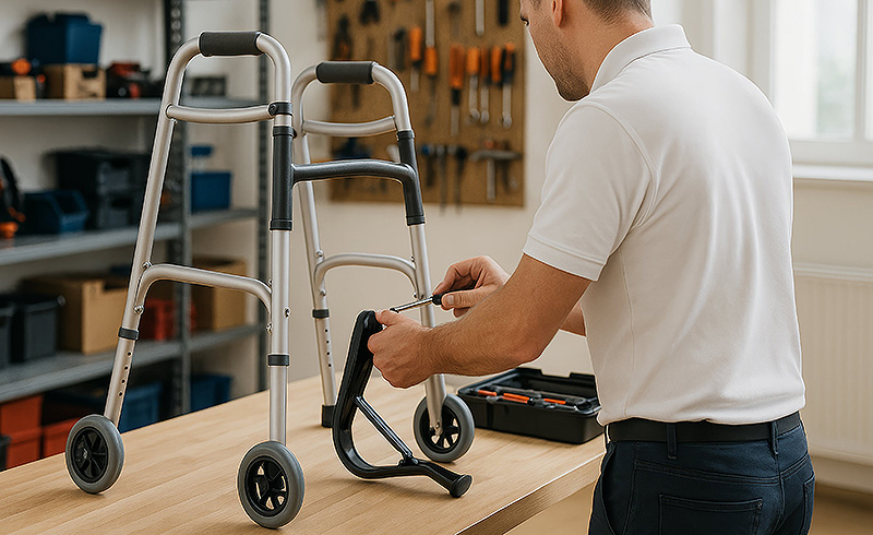 Reparatur und Einstellung einer Gehhilfe (Rollator) in einer Orthopädiewerkstatt, bei der ein Techniker ein Bauteil mit Werkzeug justiert.